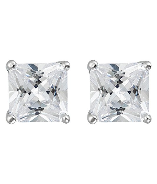 Sterling Silver Cubic Zirconia White, Yellow, Rose 3-10MM Square Princess Solitaire Stud Earrings