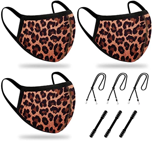 Breathable Reusable and Washable 2 Layers Face Madk 3 pcs, with Nose Bridge Wire, 3 Ear Madk Adjustable Hooks, 3 Madk Lanyard, Unisex Cute Fashionable Designer for Men Women Adult, Colorful,Leopard