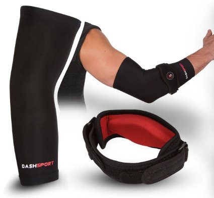 DashSport Elbow System Includes 1 Copper Compression Elbow Sleeve and 1 Tennis Elbow Brace Best forearm brace  strap with pad Complete support and relief of Golfer and Tennis Elbow