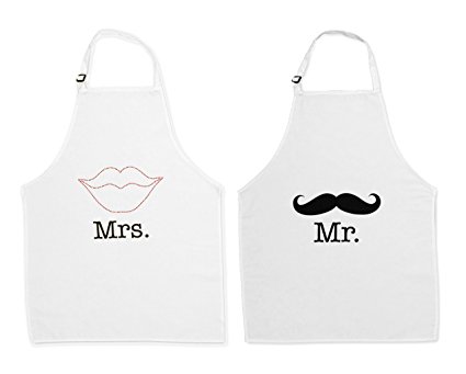 Kitsch n Charm  Mr. and Mrs. Aprons with Mustache and Red Rhinestone Lips
