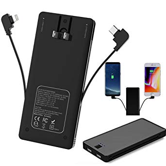 Q Power Bank 5000mAh Portable Charger with Built-in Lightning Cable and USB Type C Cable, AC Plug Compact Power Bank External Battery Pack Charger for iPhone X 8 7 6 Plus Samsung Google Pixel,and more