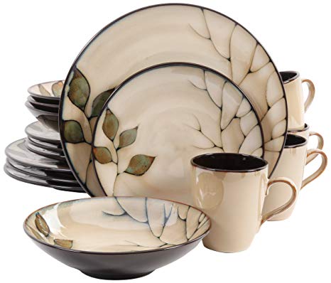 Gibson Elite 92910.16RM Carrollton 16 Piece Reactive Glaze Dinnerware, Cream/Green