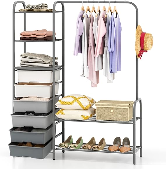 COSTWAY Metal Clothes Rail Stand, Heavy Duty Garment Rack with 6 Drawers, 3 Open Shelves, Shoe Racks, Hanging Rail and Hook, Freestanding Clothing Hanger Storage Organiser for Bedroom Closet Wardrobe