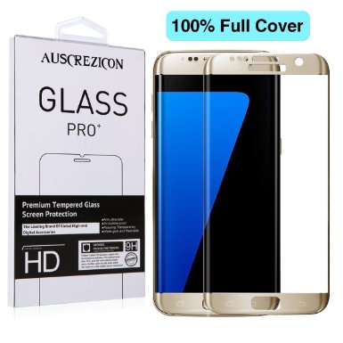 [Full Cover] Samsung Galaxy S7 edge screen protector ,AUSCREZICON 0.26mm 9H Tempered Glass ,High Definition 3D Curved, Full 100% Coverage for Samsung Galaxy S7 edge 2016 (Lifetime Warranty) (Golden)