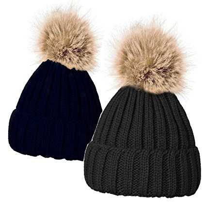 Womens Winter Thick dual layered knit beanie Knitted Fur Warm Cap With Large Fur Pom Pom Beanie Hats