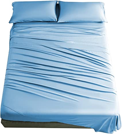 SONORO KATE 100% Bamboo King Size Bed Sheets Set - 1900 Thread Count Super Soft Wrinkle Free Silk Feel, All Seasons,Sheet & Pillowcase Sets Fit 8-16 Inch Deep (Lake Blue, King)