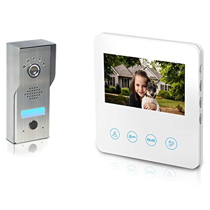 Video Door Phone with 4.3inch Monitor - Video Doorbell Intercom Kit 4-wires unlock function 1-Metal camera 1-monitor Night Vision Touch Button Screen - No Wi-Fi & APP (White)