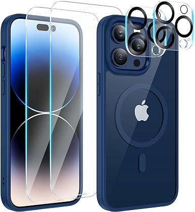 VEGO [5 in 1] for iPhone 15 Pro Magnetic Case, Compatible with MagSafe, [2X Camera Lens & 2X Screen Protector] Clear Hard PC Back Cover   Soft TPU Frame Slim Bumper Case for iPhone 15 Pro - Blue