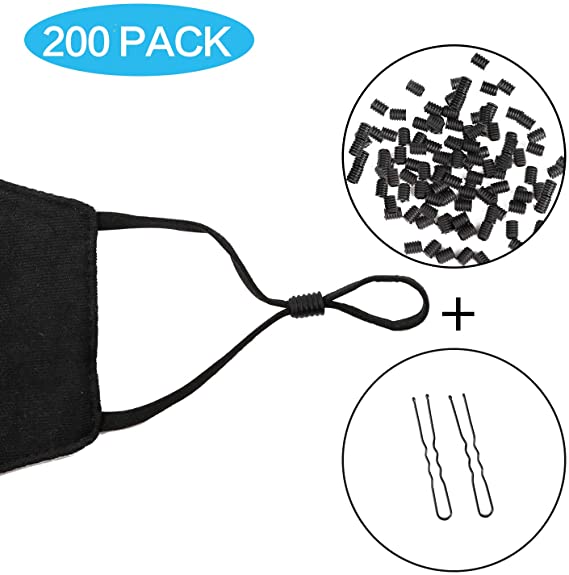 AMLY 200 Pcs Cord Locks Silicone Toggles for Drawstrings, Elastic Cord Rope Adjuster, Non Slip Stopper with Stringing Tool (Black, 200 Pack)