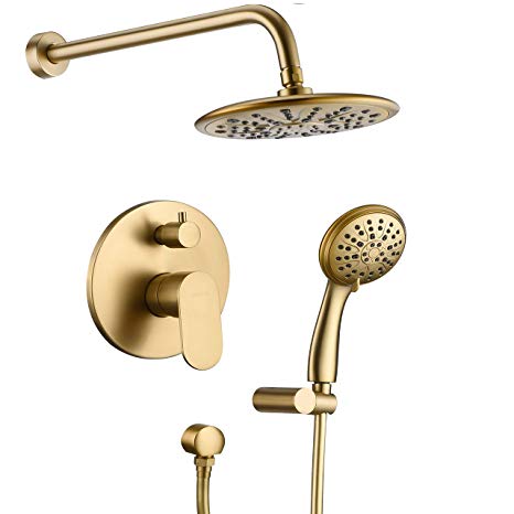 Shower System, Wall Mounted Shower Faucet Set for Bathroom with High Pressure 8" Rain Shower head and 3-Setting Handheld Shower Head Set, Pressure Balance Valve with Trim and Diverter, Brushed Gold