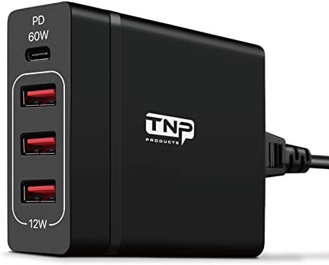 TNP USB Type-C PD Charger, 4-Port USB Wall Charging Station w/ 60W Power Delivery USB-C Port, Multi-Port Adapter Plug for Apple MacBook, Google Pixel 2 XL, iPhone X / 8, Nintendo Switch, Samsung S9