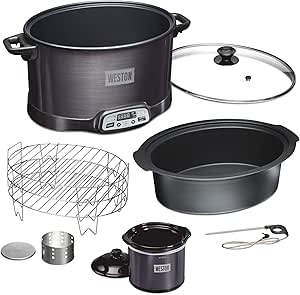 WESTON 2-in-1 Programmable Slow Cooker & Electric Indoor Smoker, 6 Quart, 3-Tier Smoking Rack for Meat, Cheese and More, Dishwasher Safe Crock, Temperature Probe, Includes 16 oz. Party Dipper, Black