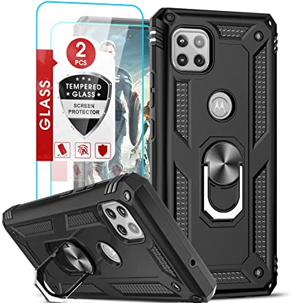 Motorola One 5G Ace Phone Case, Moto One 5G Ace Case with [2 Packs] Tempered Glass Screen Protector, LeYi [Military-Grade] Case Cover with Ring Kickstand for Motorola One 5G Ace, Black