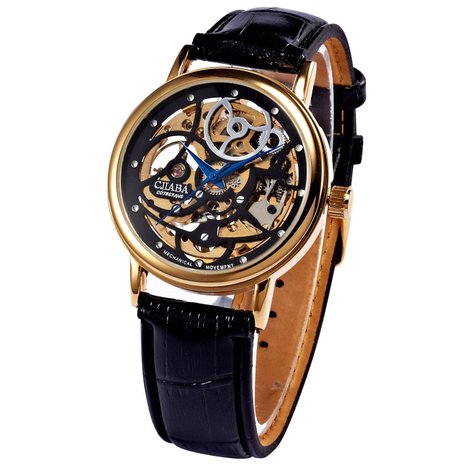 AMPM24 New Black Skeleton Gold Steel Mens Hand-winding Mechanical Leather Wrist Watch PMW197