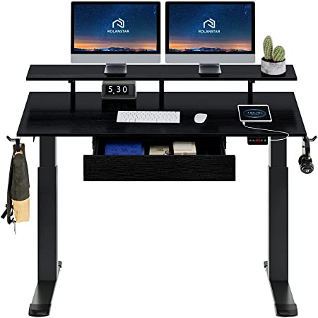 Rolanstar Standing Desk Dual Motor with USB Charging Ports, 55" Adjustable Height Desk with Drawer and Monitor Shelf, Electric Standing Desk with Double Headphone Hook, Black