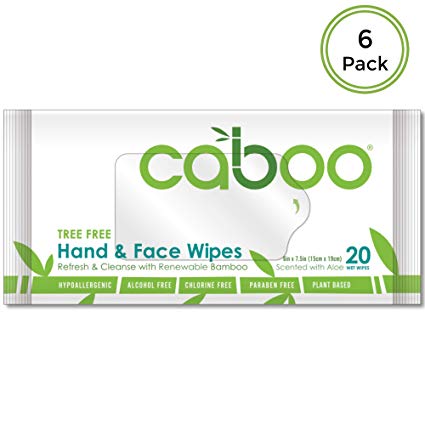 Caboo Tree-Free Bamboo Hand and Face Wipes, Eco-Friendly Wet Wipes for Sensitive Skin, 6 Resealable Travel Packs, 20 Wipes Per Pack, Total of 120 Wipes
