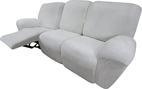 FinerFiber Velvet Stretch 8 Piece Recliner Sofa Cover | Recliner Couch Covers for 3 Cushion Couch | Covers for Recliner Couch | Funiture Protector (Sofa, Ivory)