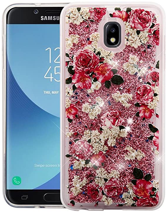 Kaleidio Case Compatible for Samsung Galaxy J7 Crown, J7 Aero, J7 Aura, J7 Top, J7 Eon [Quicksand Glitter] TPU Gel Slim Cover w/Prying Tool [Liquid European Flowers & Champagne]