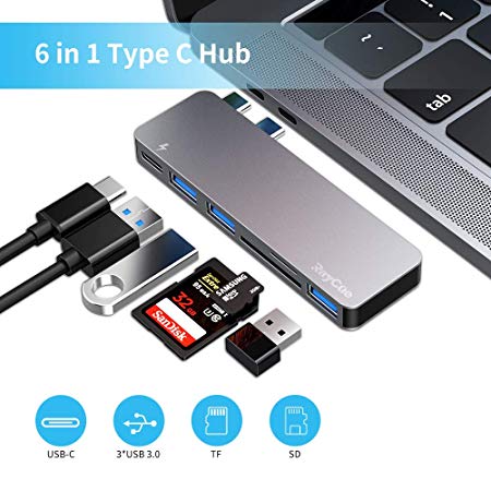 USB C Hub, 6 in 1 Type C Aluminum Hub Adapter with 3 x USB 3.0 Ports, TF/SD Card Reader, USB C Port with 40Gb/S Speed, Support for MacBook Air 2018, MacBook Pro 13″ and 15″2016-2018
