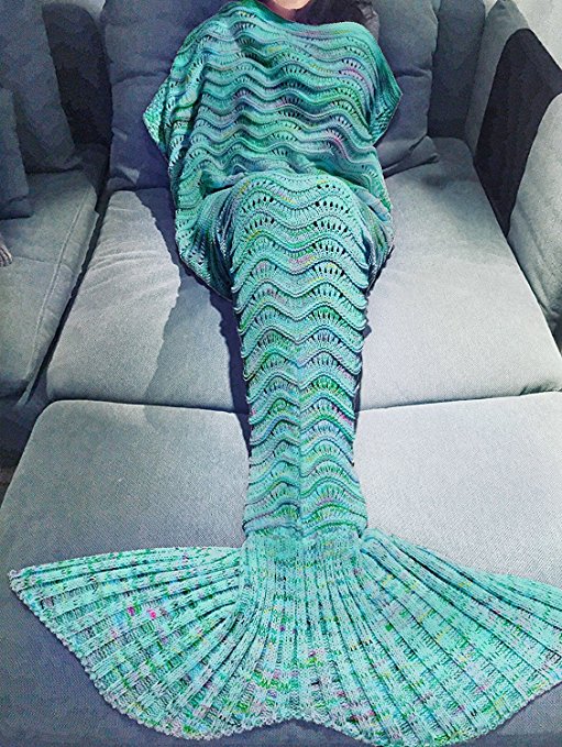 Mermaid Tail Blanket, Metrical Poetry Handmade Wave Mermaid Blankets Crochet Knitting Blanket For Kids Teens Adult, Super Soft All Seasons Sleeping Bag( 71"x35.5") (Green-A)
