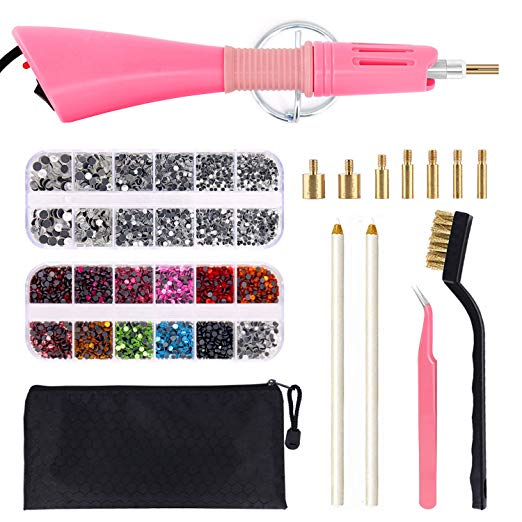 Hotfix Applicator, DIY Hot Fix Rhinestone Applicator Wand Setter Tool Kit with 7 Different Sizes Tips, Tweezers & Brush Cleaning kit and 2 Pack Hot-Fix Crystal Rhinestones