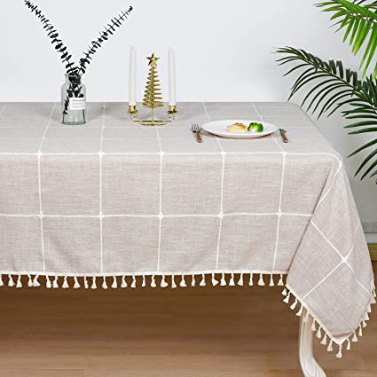 PHF Rectangle Wrinkle Free Shrink-Proof Table Cloth, Embroidery Table Covers with Tassel, Washable Linen Like Tablecloths for Kitchen, Dining, Patio, Living Room,55x70 inches, Linen