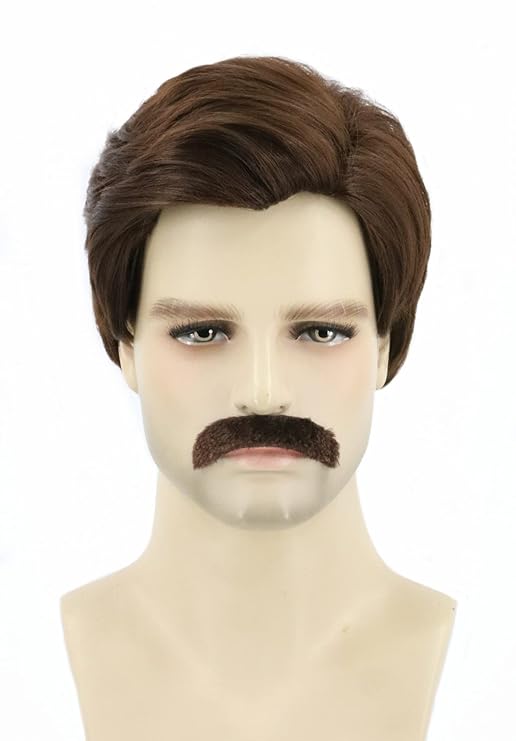 Topcosplay Men Wigs Short Brown Wig with Mustache 70s 80s Costume Party Wig Halloween Cosplay Wig