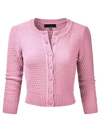 EIMIN Women's Crewneck Button Down 3/4 Sleeve Knit Crop Cardigan Sweater (S-3XL)