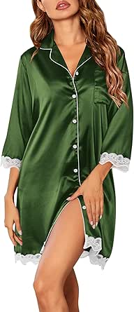 Ekouaer Silk Nightgowns for Women Satin Nightshirt Button Down Sleepshirt 3/4 Sleeve Sleepwear V Neck Sleep Dress