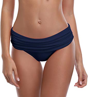 SHEKINI Women's Swimsuit Hipster Bikini Bottoms Full Coverage Ruched High Waisted Swim Bottoms