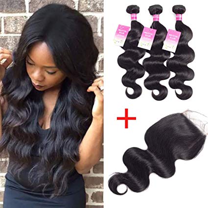 Mei You Brazilian Body Wave Bundles With Closure 8A Virgin Remy Body Wave Human Hair Weave Bundles With Lace Closure Free Part (14 16 18 12)