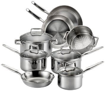 T-fal E469SC Tri-ply Stainless Steel Multi-clad Dishwasher Safe Oven Safe Cookware Set 12-Piece Silver