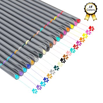 Huhuhero Fineliner Color Pen Set, 0.38 mm Fine Line Drawing Pen, Porous Fine Point Markers Perfect for Coloring Book and Bullet Journal Art Projects, Pack of 18