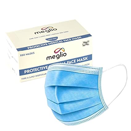Meglio Face Mask Protective 3-Ply Breathable & Disposable Type II Mask, Verified and Tested in Germany, Perfect for protection from bacteria droplets & dust in the air - Box of 50