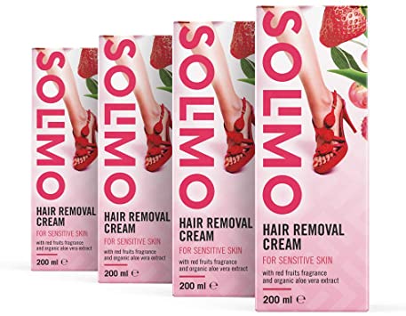 Amazon Brand - Solimo Hair Removal Cream for Sensitive Skin with Red Fruits Fragrance and Organic Aloe Vera Extract (4 x 200 ml)