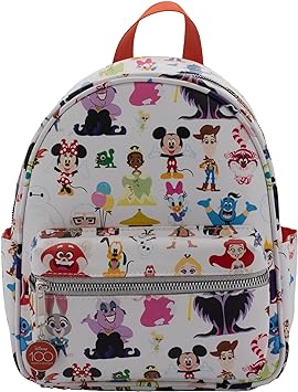 Disney 100 Mini Backpack Purse with Multi Character Allover Print & Molded Metal Logo Charm, 10.5 Inch, Adjustable Straps, Faux Leather