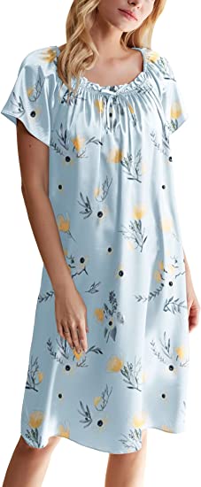 Ekouaer Women's Satin Silk Nightgown Short Sleeve Sleep Dress Printed Nightshirt Loose Sleepwear S-3XL