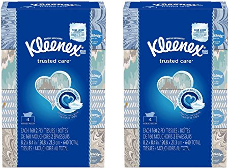 Kleenex Everyday Use, Soft Facial Tissues, Thick and Absorbent, 2-PLY White Tissues Designs May Vary (8 Pack of 160 Tissues - 1280 Tissues Total)