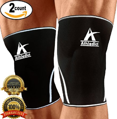 Knee Sleeves Compression Support - For Weightlifting CrossFit Squats Performance Increase & Pain Relief (1 Pair) 7mm Neoprene Brace For Men and Women - By Athledict™ with LIFETIME WARRANTY