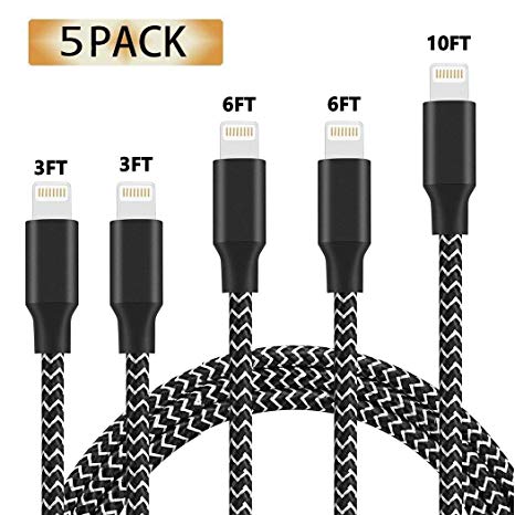 iPhone Charger, 5 Pack(3FT/3FT/6FT/6FT/10FT) Lightning Charging Cable, Multi Safety Defense, Nylon Braided, Ultra Durable,for iPhone X 8 7 Plus 6S 6 SE 5S 5C 5/iPad 2 3 4 Mini and more-Black&White