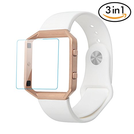 For Fitbit Blaze Bands 3 in 1 Watch Wristband Strap Soft Silicone Replacement, Protective Case Cover Rose Gold Frame with Screen Protector,Smart Fitness Watch Classic Bracelet for Men Women, White