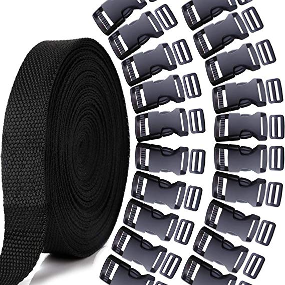 YGDZ 1 Inch Plastic Buckles Kit, 20pcs 1 Inch Flat Side Release Buckles, 20pcs Tri-Glide Slides, and 1 Roll 10 Yards Nylon Webbing Straps for DIY Making Luggage Strap, Pet Collar, Backpack Repairing