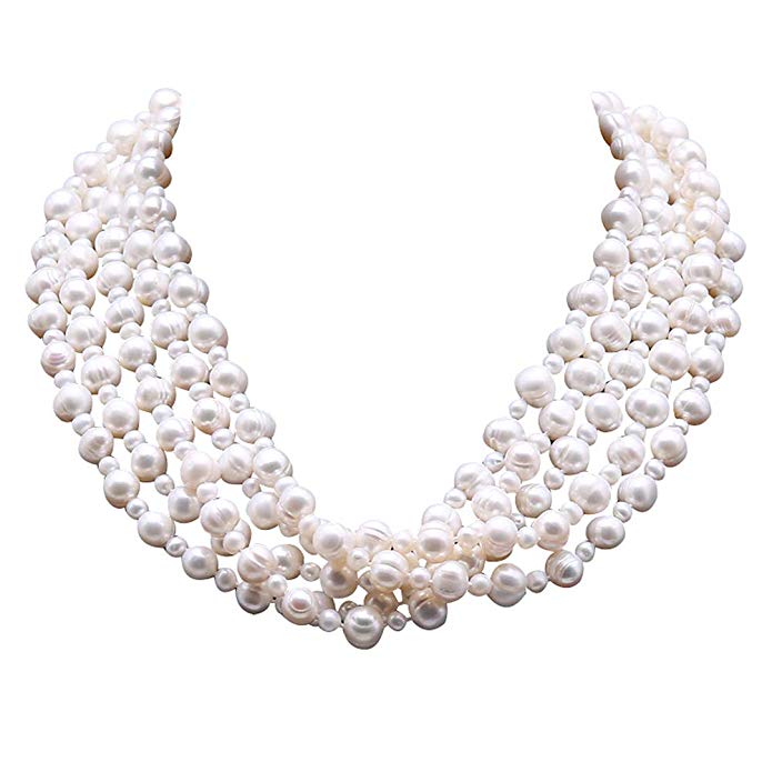 JYX Multi Strand Pearl Necklace White Freshwater Cultured Pearl Necklace Strand 20"