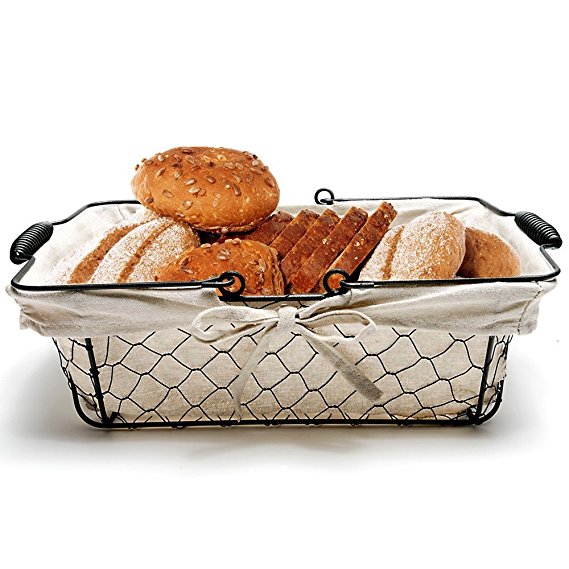 Mkono Vintage Bread Basket Black Wire Food Serving Basket with Removable Liner for Picnic Coffee Kitchen