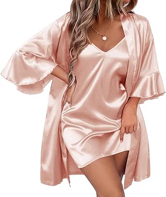 Ekouaer Women's Silk Robe Set V-neck 2 Piece Bridal Party Robes and Satin Bathrobe Set with Pockets