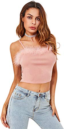 DIDK Women's Faux Fur Deco Spaghetti Strap Crop Cami Top