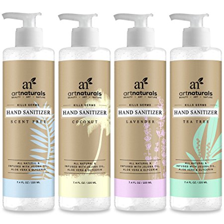 Art Naturals Hand Sanitizer, 4 Pack - 7.4 oz each - 100% Natural w/Jojoba Oil, Aloe Vera & Glycerin Infused Formula - Set Includes of Scent Free, Coconut, Lavender, Tea Tree