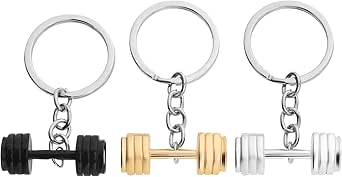 Micro Traders 3pcs Dumbbell Keychain Creative Fitness Keychain Sport Keyring Sports Gym Pendan Key Ring for Boyfriend Husband Father Zinc Alloy Black Gold Silver