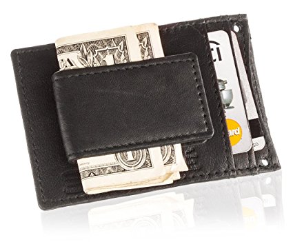 Suvelle Men’s Leather Thin Slim Magnetic Money Clip Wallet, Front Pocket Wallet with Detachable Neck Strap W019