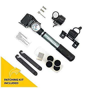 SAMLITE New Mini Bike Pump Portable Bicycle Frame Pump Glue Less Puncture Repair Kit Presta and Schrader Valve Includes Mount Kit Pressure 120 PSI 8 Bar Free Bike Bell Sports Needle Included
